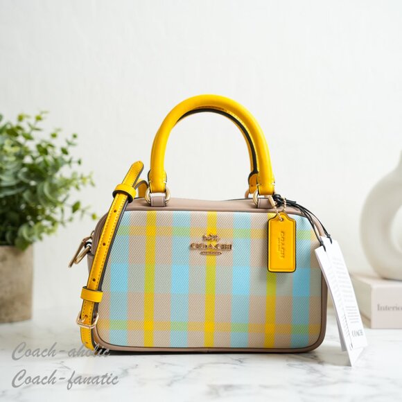 NWT Coach CBI90  Satchel Crossbody Bag With Plaid Print in Bright Maize - Picture 1 of 12